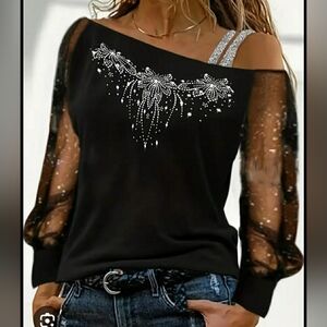 ♦️Off-Shoulder Top with Rhinestone Detail &  Sheer Sleeves♦️